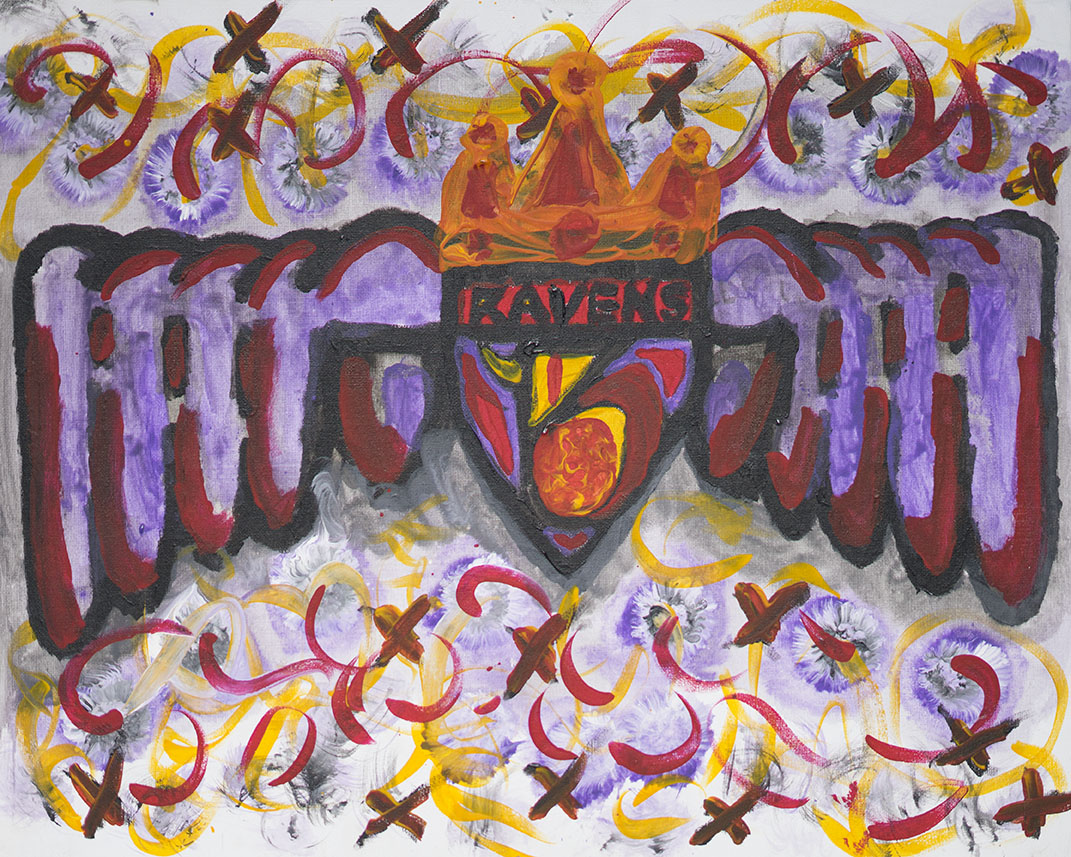 A colorful, abstract painting of the Kansas City Chiefs logo with a crown above it, surrounded by purple, red, yellow, black, and gray brushstrokes and patterns.