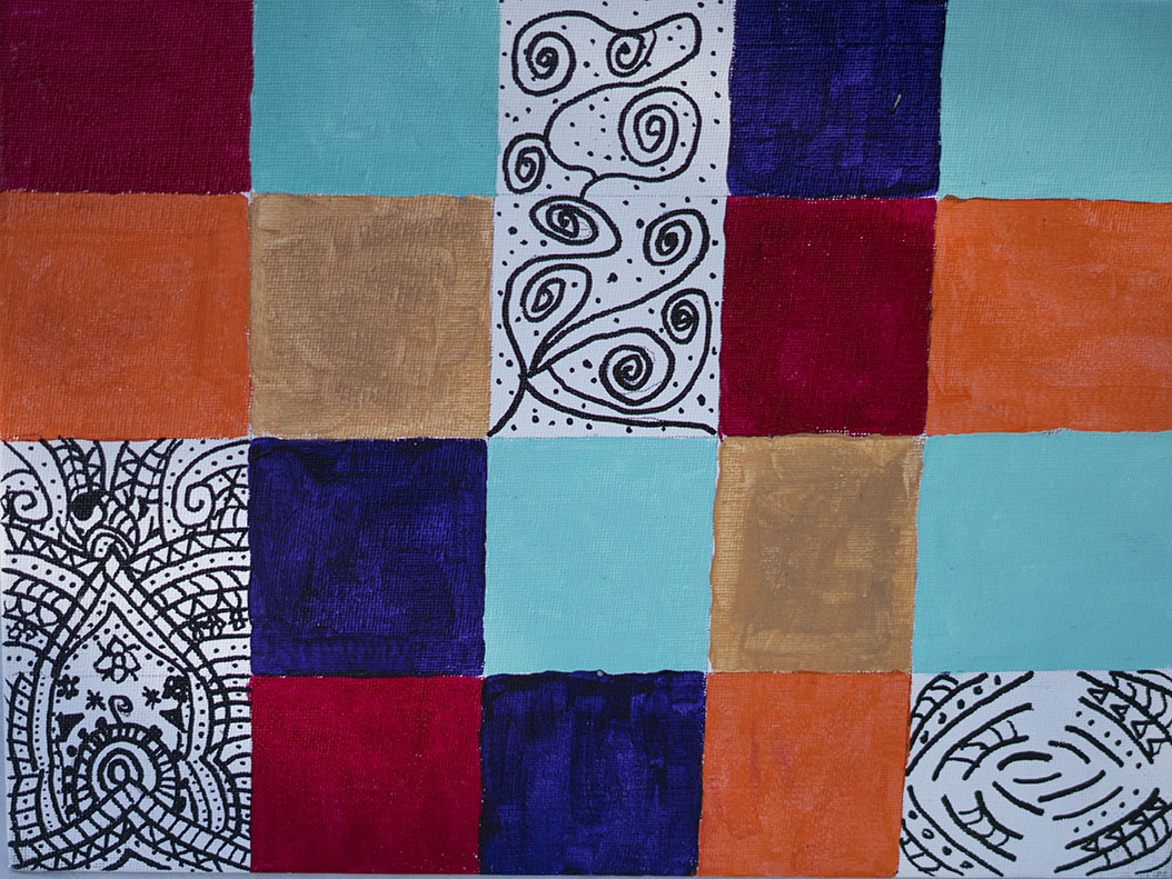 A colorful abstract painting composed of a grid of squares in various bright colors, with some squares featuring black and white intricate, swirling, and geometric patterns.