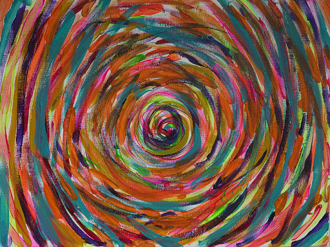 Abstract painting with swirling circular brushstrokes in bright colors including orange, pink, green, blue, and purple.