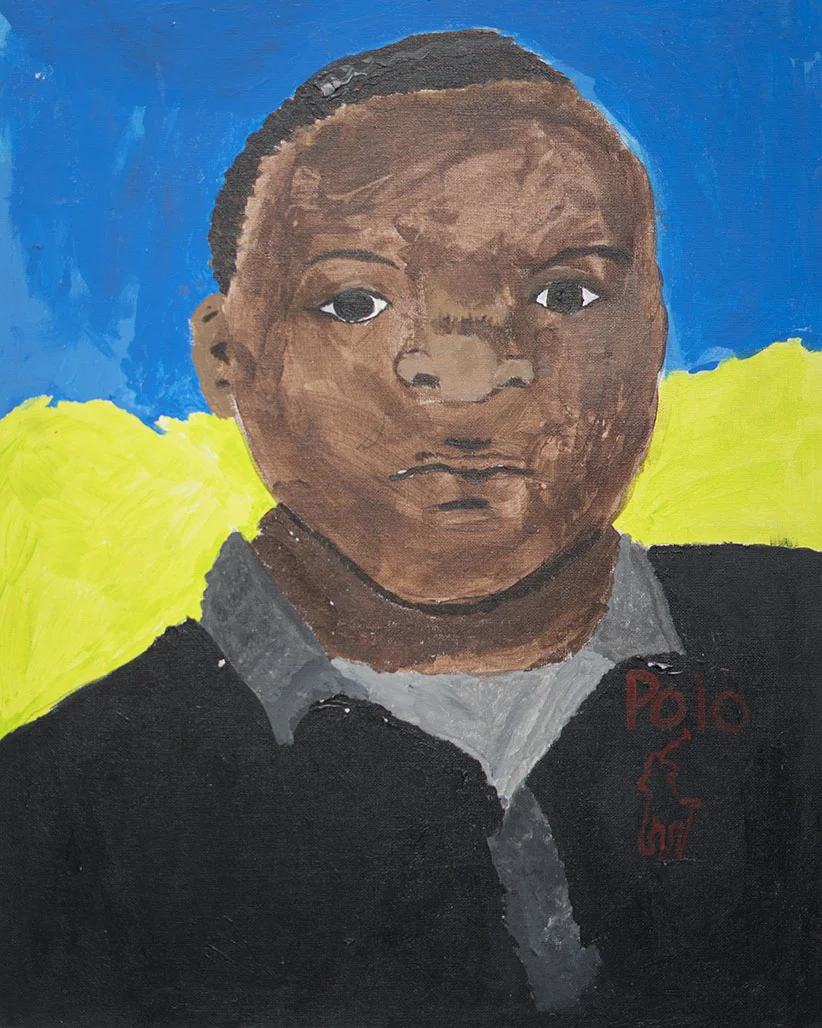 A painting of a young boy with dark skin and short hair, wearing a black Polo shirt with a grey collar, set against a background of blue and yellow.