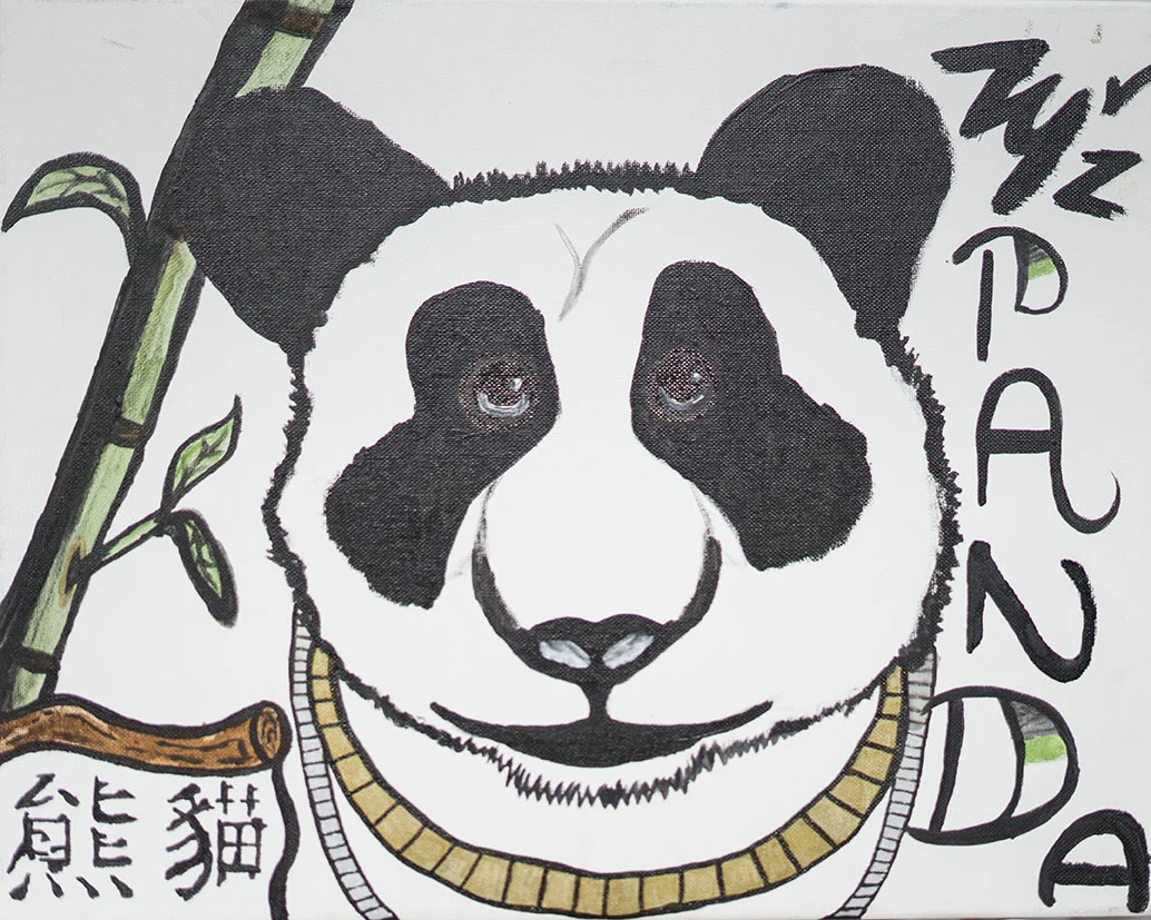 Drawing of a panda bear with a bamboo stalk, Chinese characters, and the word "PANDA" written vertically.