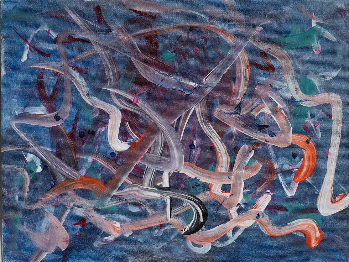 Abstract painting with swirling brushstrokes in shades of pink, white, black, and teal on a dark blue background.