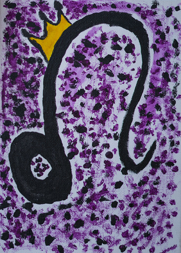 Abstract painting of a black cat with a yellow crown on its head, set against a purple and black speckled background.