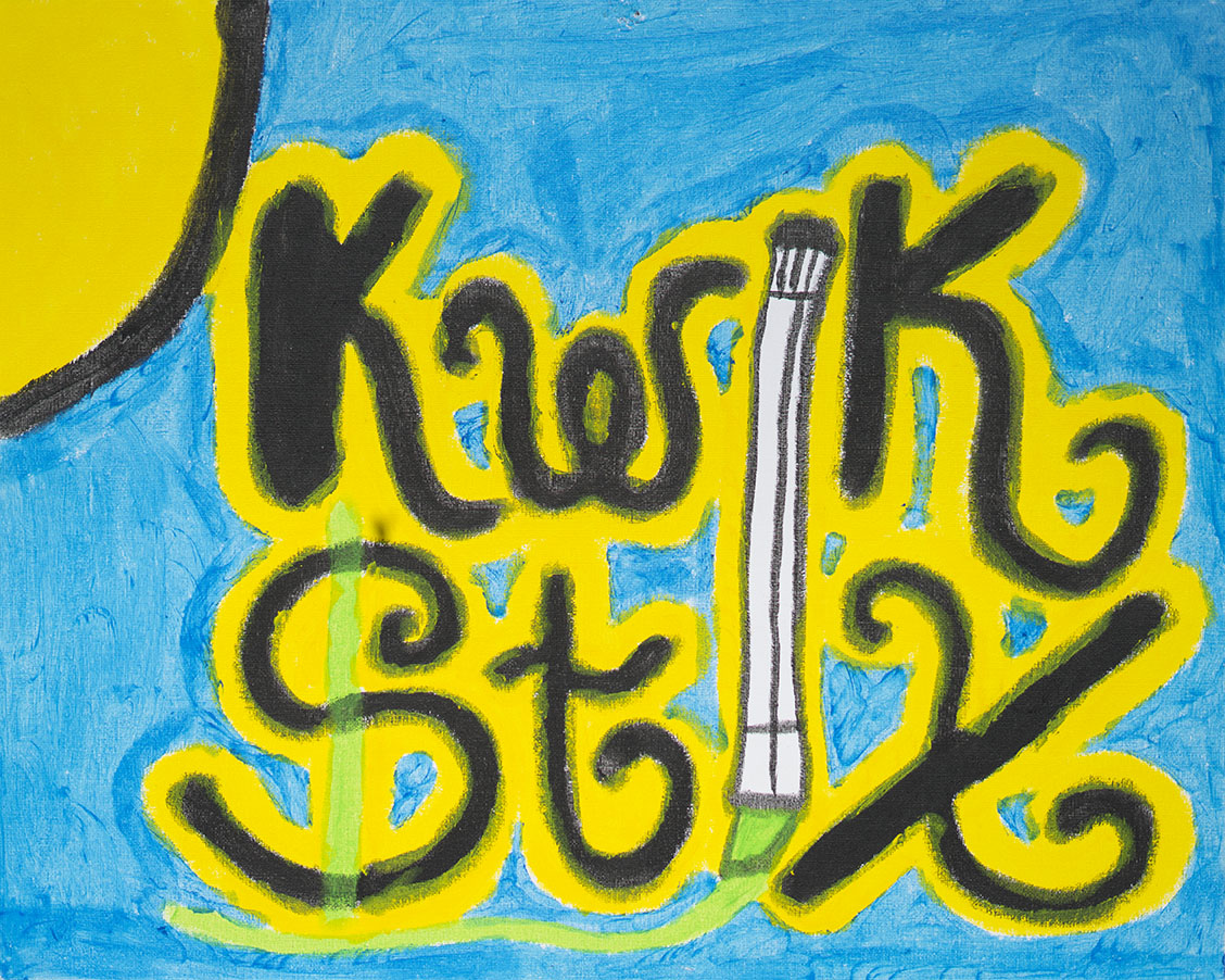 Child-like drawing with the words 'Kaleidoscope' in black within yellow outline, a tall glass tube with a gray top, and numbers 1 to 7 in black, on a blue background with a yellow sun in the top left corner.