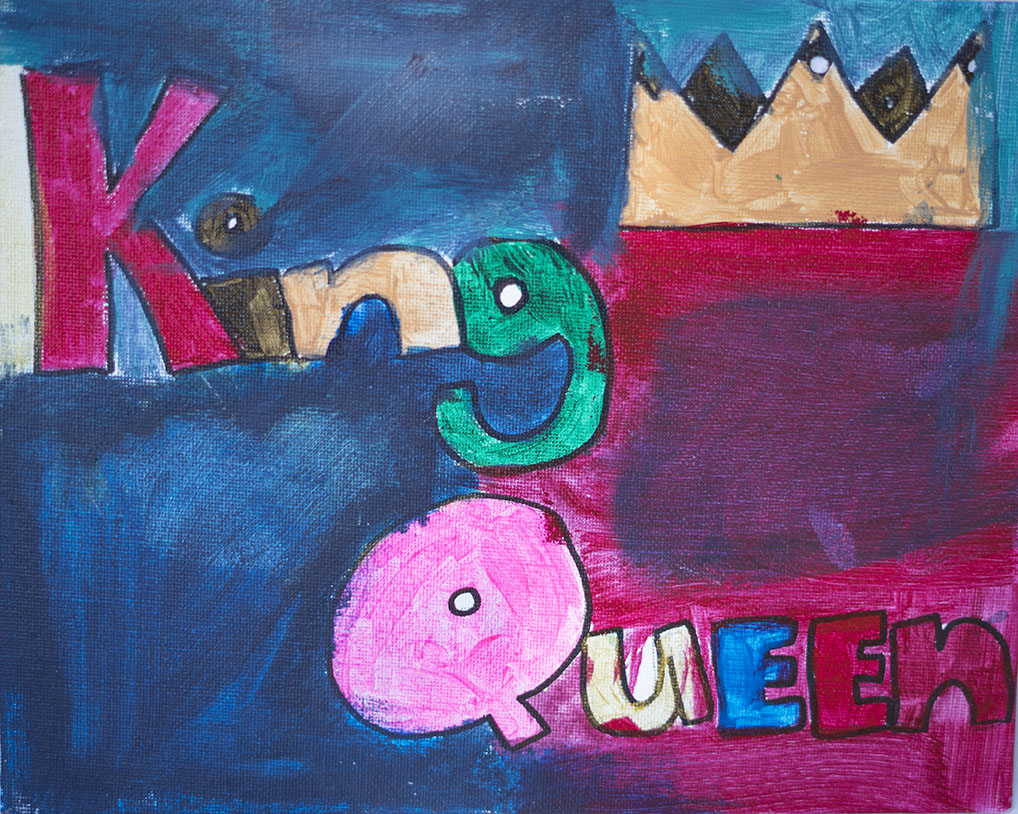 Colorful children's art featuring the words 'KROQ QUEEN' with a crown, lion, and various bright colors on a painted background.