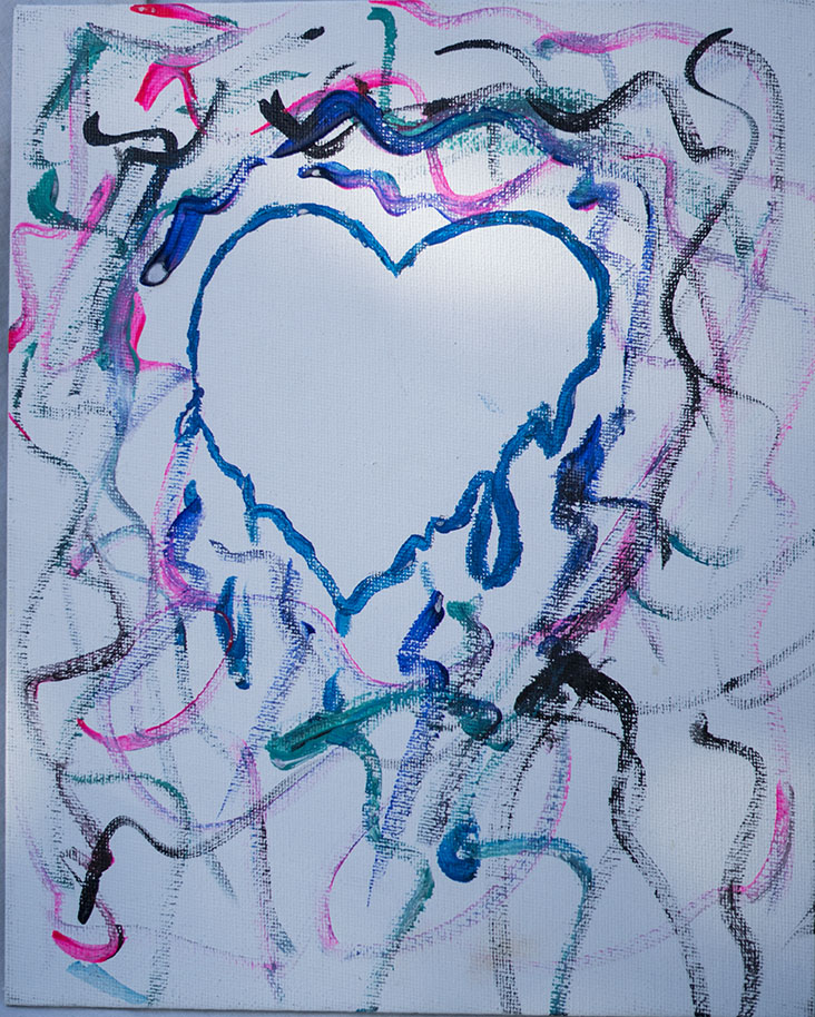 Abstract artwork featuring a large heart outline in the center, surrounded by colorful, scribbled lines in black, pink, blue, and teal on a white canvas background.