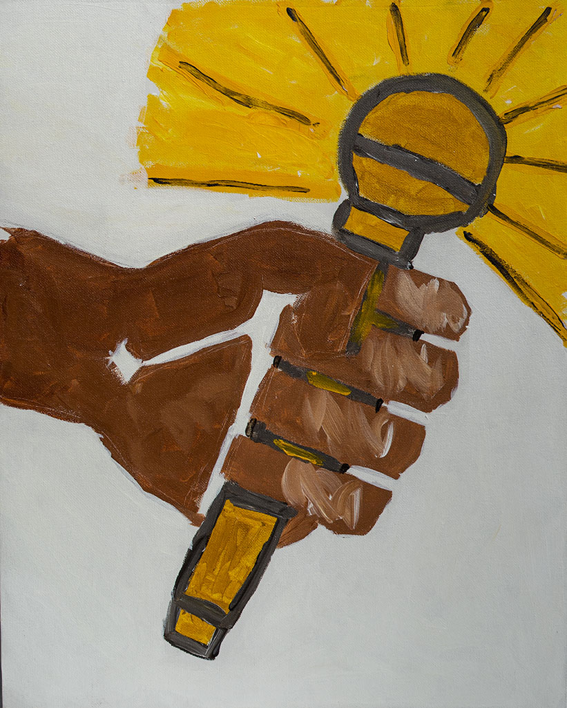 A painting of a brown hand gripping a stick with a yellow light bulb at the top, emitting yellow rays, symbolizing an idea or innovation.