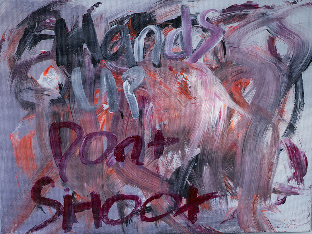 Abstract painting with swirling brushstrokes in shades of pink, red, black, white, and purple, with the words "Melanie, Don't Shoot" written across the canvas.
