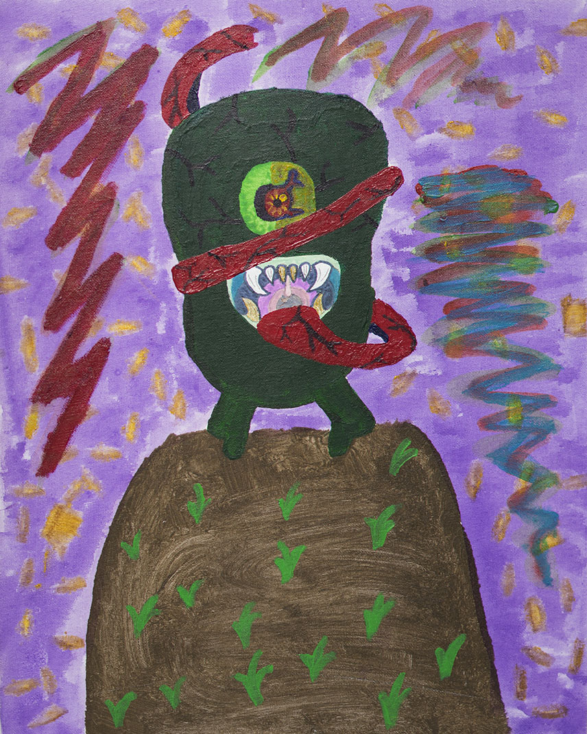 A colorful, abstract drawing of a creature with a green body, large mouth with sharp teeth, and a single eye, standing on a brown mound with green plants. The background features purple and yellow streaks and squiggles, with red and multicolored swir