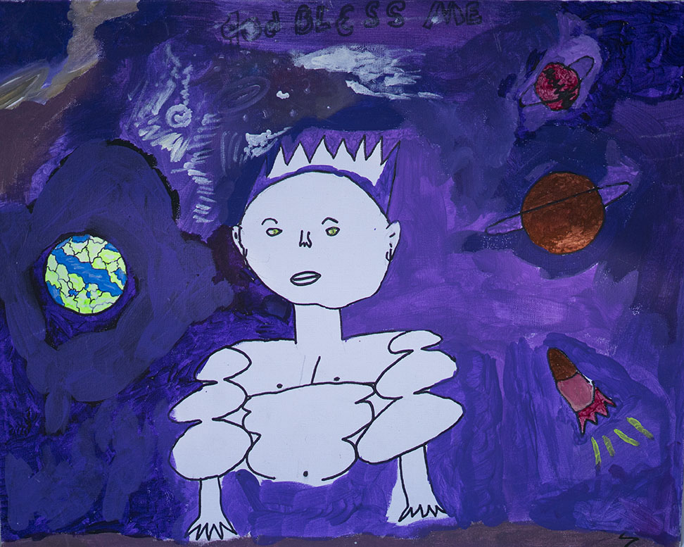 Childlike drawing of a child with a crown against a space background with planets, a rocket, and a galaxy. Text at the top reads 'God Bless Me'.
