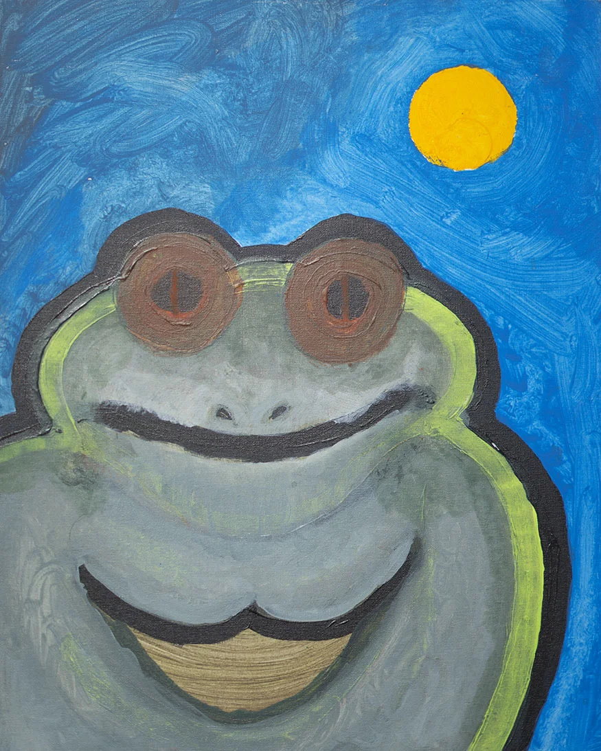 A colorful painting of a frog with red glasses, set against a blue sky with a yellow sun.
