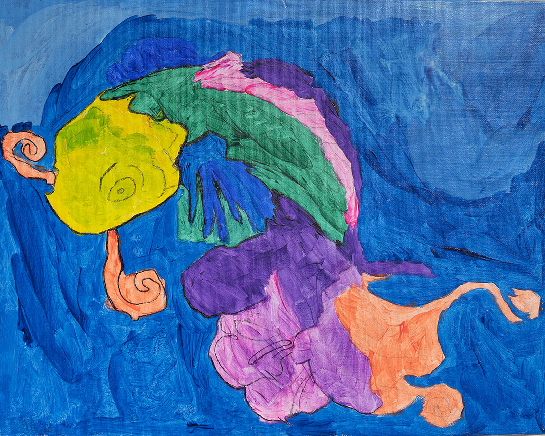 Colorful abstract painting of a lion with a yellow face, purple mane, green and pink accents, against a blue background