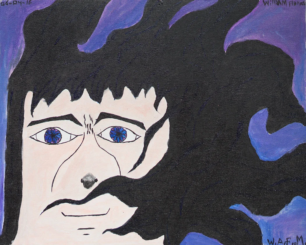 A portrait of a person with long dark hair, styled in an untamed manner, and blue eyes with intricate patterns. The person appears to be looking directly ahead, with a neutral expression. The background features purple and blue abstract shapes. The a
