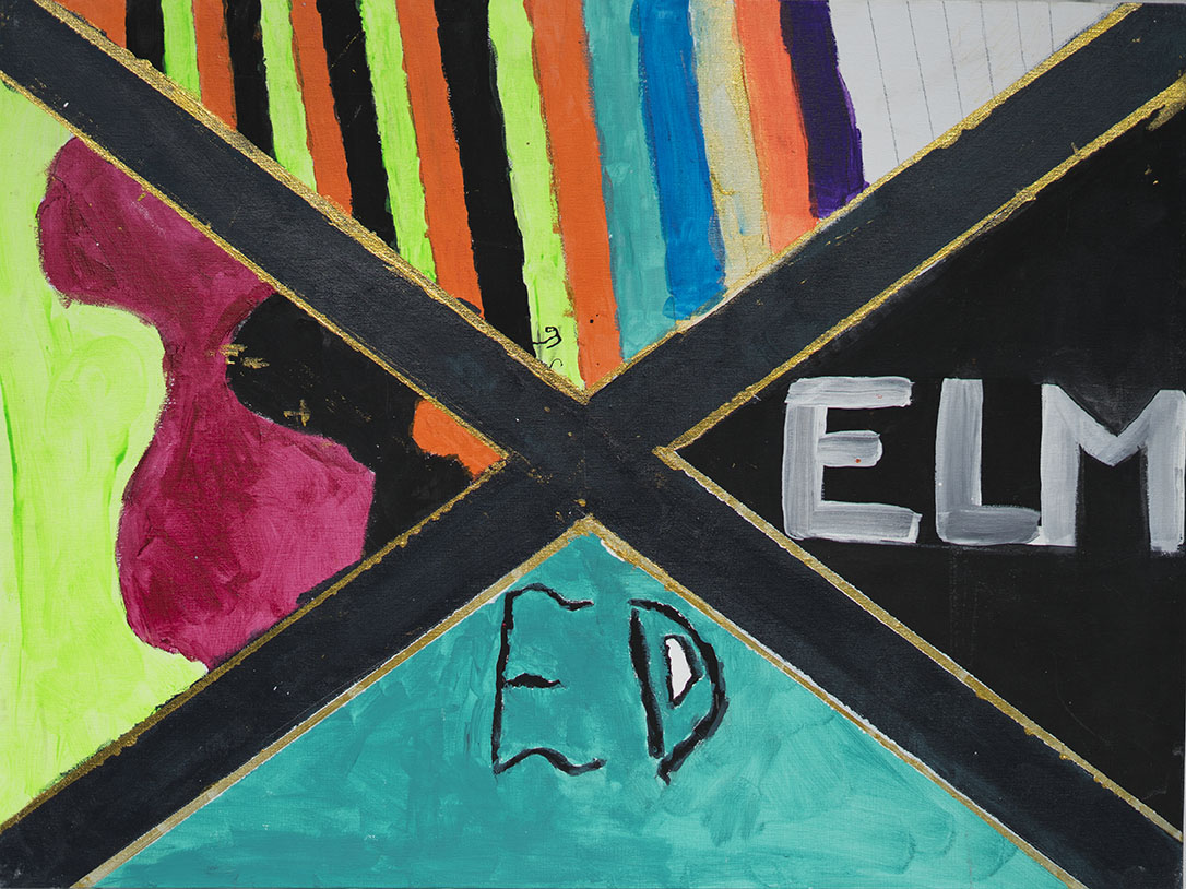 A painted flag with four sections divided by black lines with gold edges, featuring a pink silhouette of a woman on the left, colorful vertical stripes at the top, white and black text reading 'ED' and 'ELM' on the lower right, and a green background