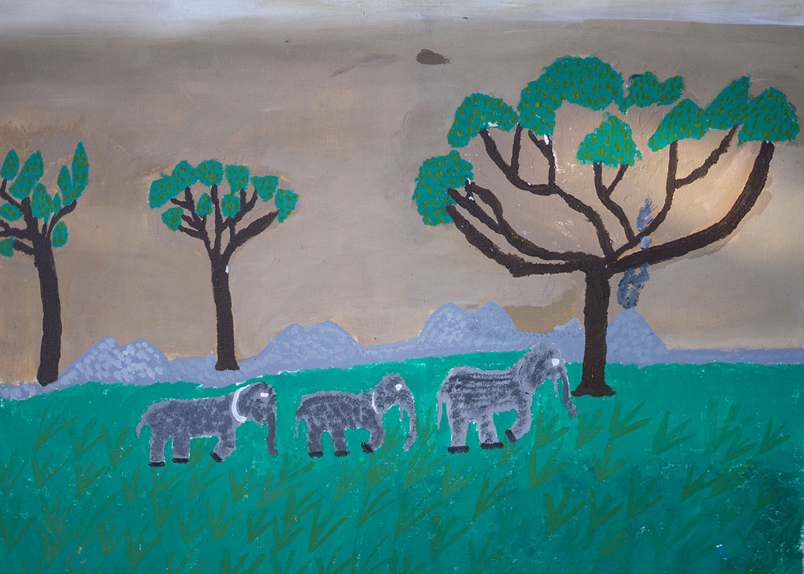 Children's drawing of elephants walking on green grass with trees and mountains in the background.