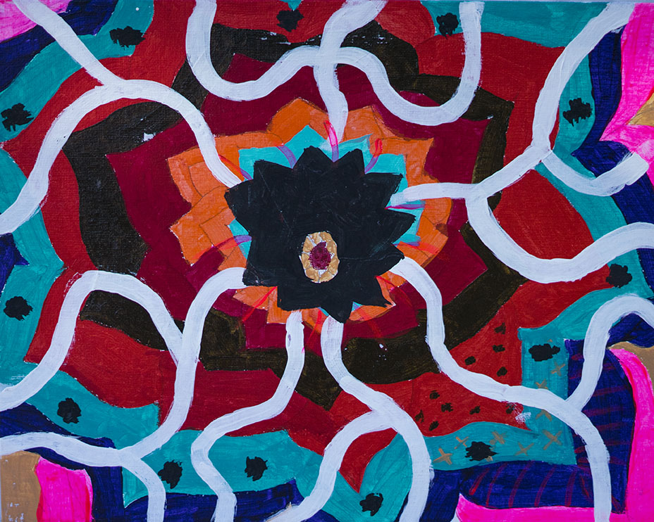 Colorful abstract painting featuring a central black flower shape with radiating orange and blue accents, surrounded by bold red, teal, pink, and navy sections connected by white wavy lines.