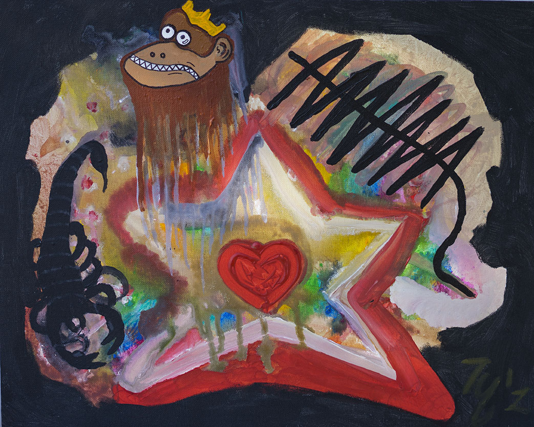 Colorful graffiti-style painting featuring a cartoonish gorilla with a crown, a black skull with curly hair, a red heart, and the word "HARAM" crossed out, all within a star shape.