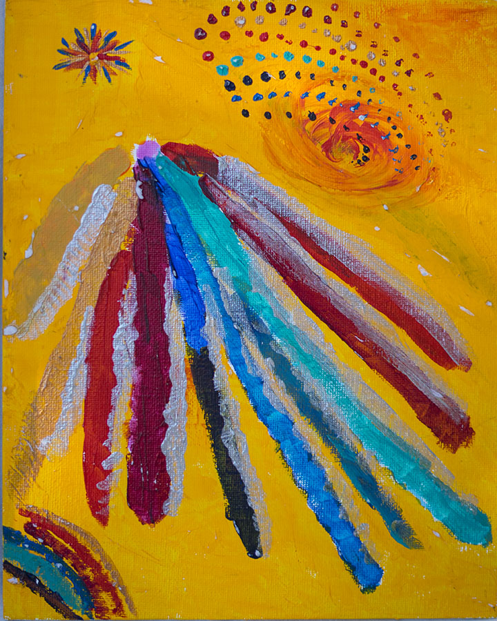 Abstract painting featuring a yellow background with colorful dotted swirl patterns and three eye-catching, elongated streaks in red, blue, turquoise, black, and white radiating from a central point.