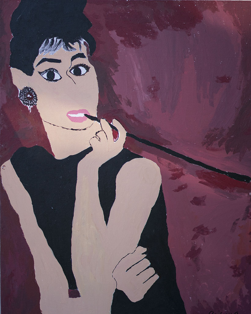Painting of a woman with short black hair, wearing large earrings, applying lipstick with a makeup brush, dressed in black, against a dark lipstick-colored background.