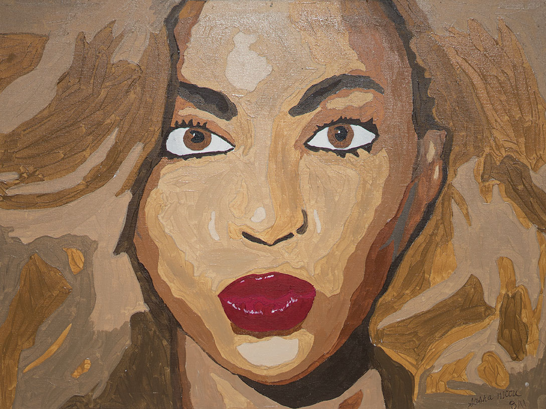 A painted portrait of a woman with light skin, brown eyes, full red lips, and long, wavy, light brown hair. She appears to be holding her hands up near her face, with a surprised or curious expression.