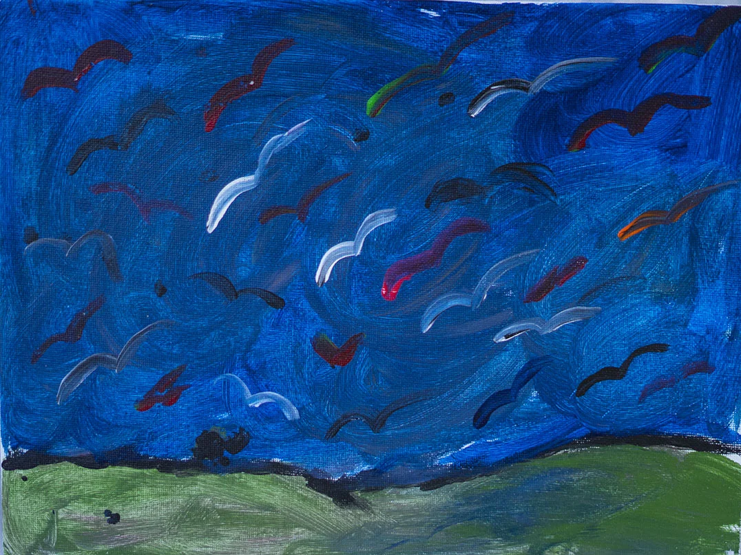 An abstract painting of a flock of birds flying over a green landscape under a stormy blue sky.