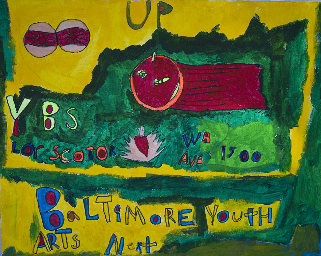Brightly colored children's drawing with words like "LOVE," "YBS," and "Baltimore Youth Arts Next". Features a smiling red apple, a heart with wings, a pair of glasses, and various letters and words in different colors and styles.