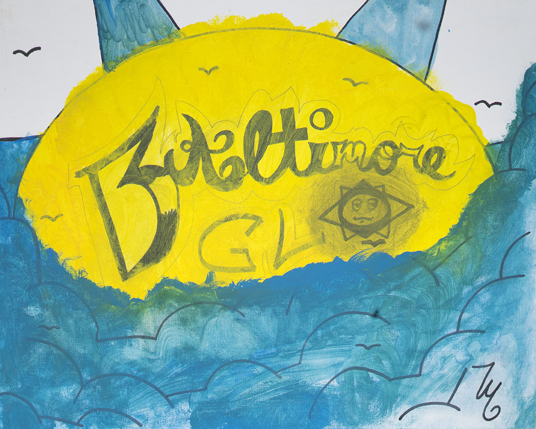 A colorful drawing of a yellow sun with a face, surrounded by blue waves. The sun has the words 'Meditamos' and 'Día' written in it, along with a small face inside a sun shape.