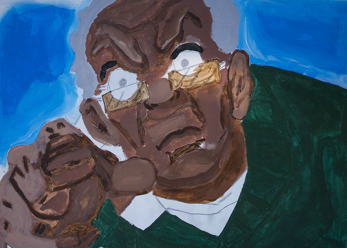 Painting of an elderly man with glasses, wearing a green shirt and a white collar, adjusting his glasses.