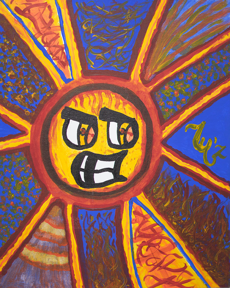 A colorful painting of a sun with a smiling face, surrounded by rays featuring various patterns and colors, including blue, yellow, orange, and brown, with some graffiti-style text.