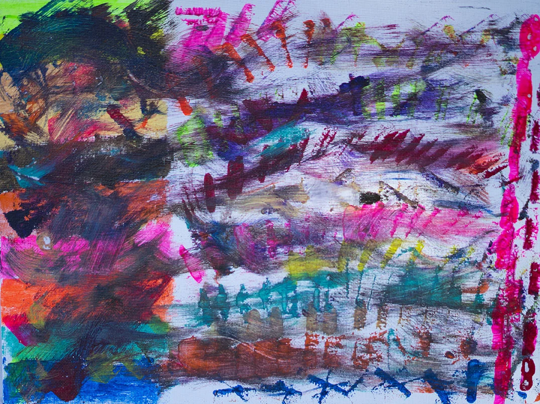 Abstract expressionist painting with vibrant colors including pink, blue, green, and orange, featuring chaotic brushstrokes and layered textures.