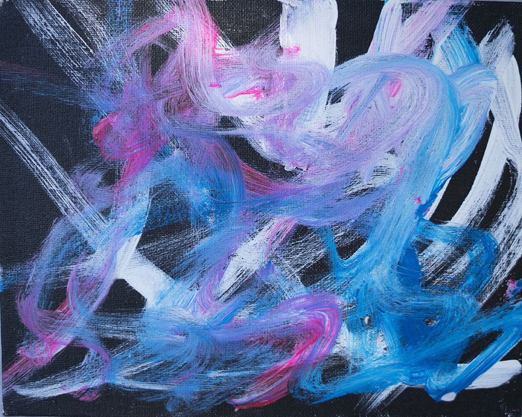 Abstract painting with swirling streaks of pink, blue, white, and black paint on a black background.
