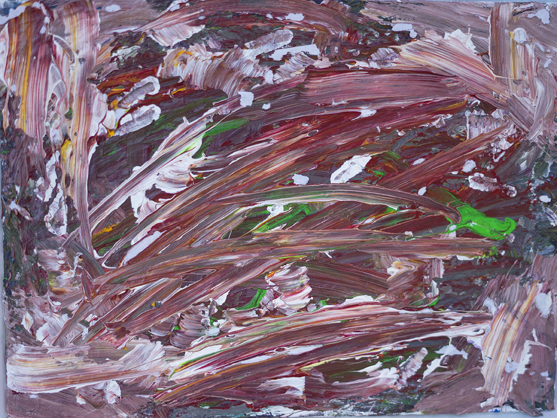 Abstract painting with broad, sweeping strokes of brown, pink, white, and small accents of green and yellow.