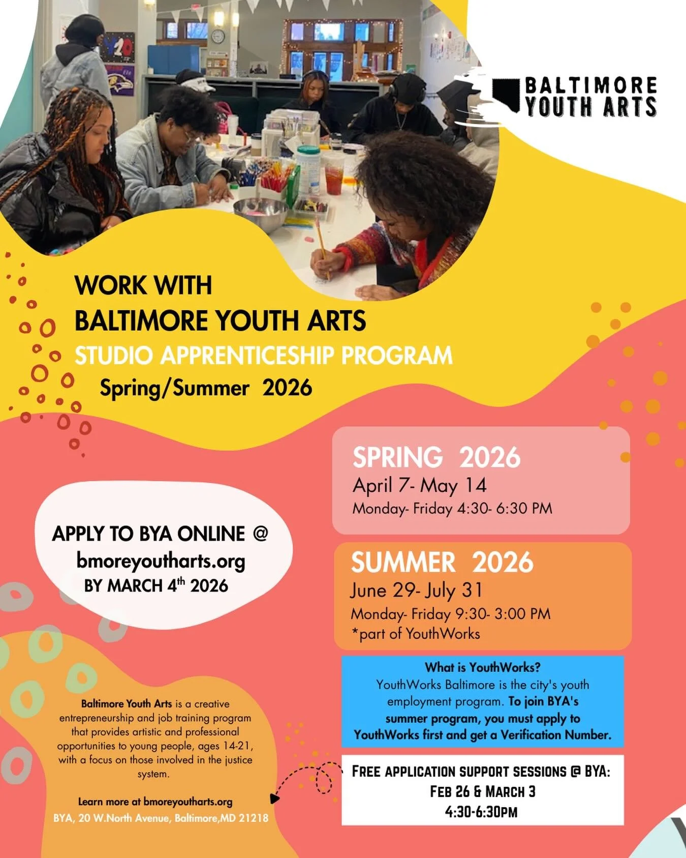 🎨 Applications are OPEN for our Spring and Summer 2026 programs &mdash; and we want YOU.
Are you a young person in Baltimore between the ages of 14&ndash;21 with an interest in design and fine arts? Come join us! 🌸

Our spring and summer programs o