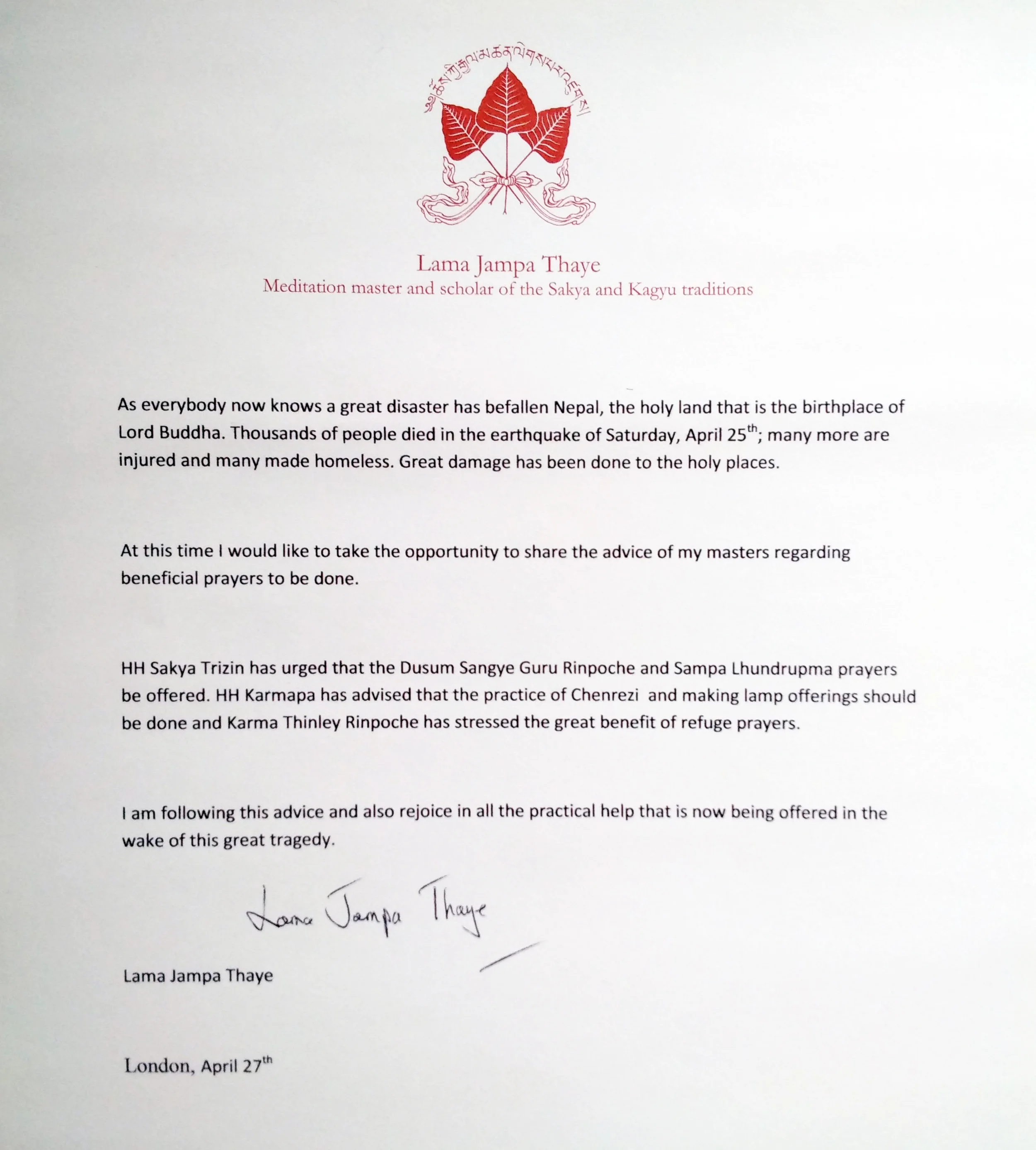 Lama Jampa's message concerning the earthquake in Nepal