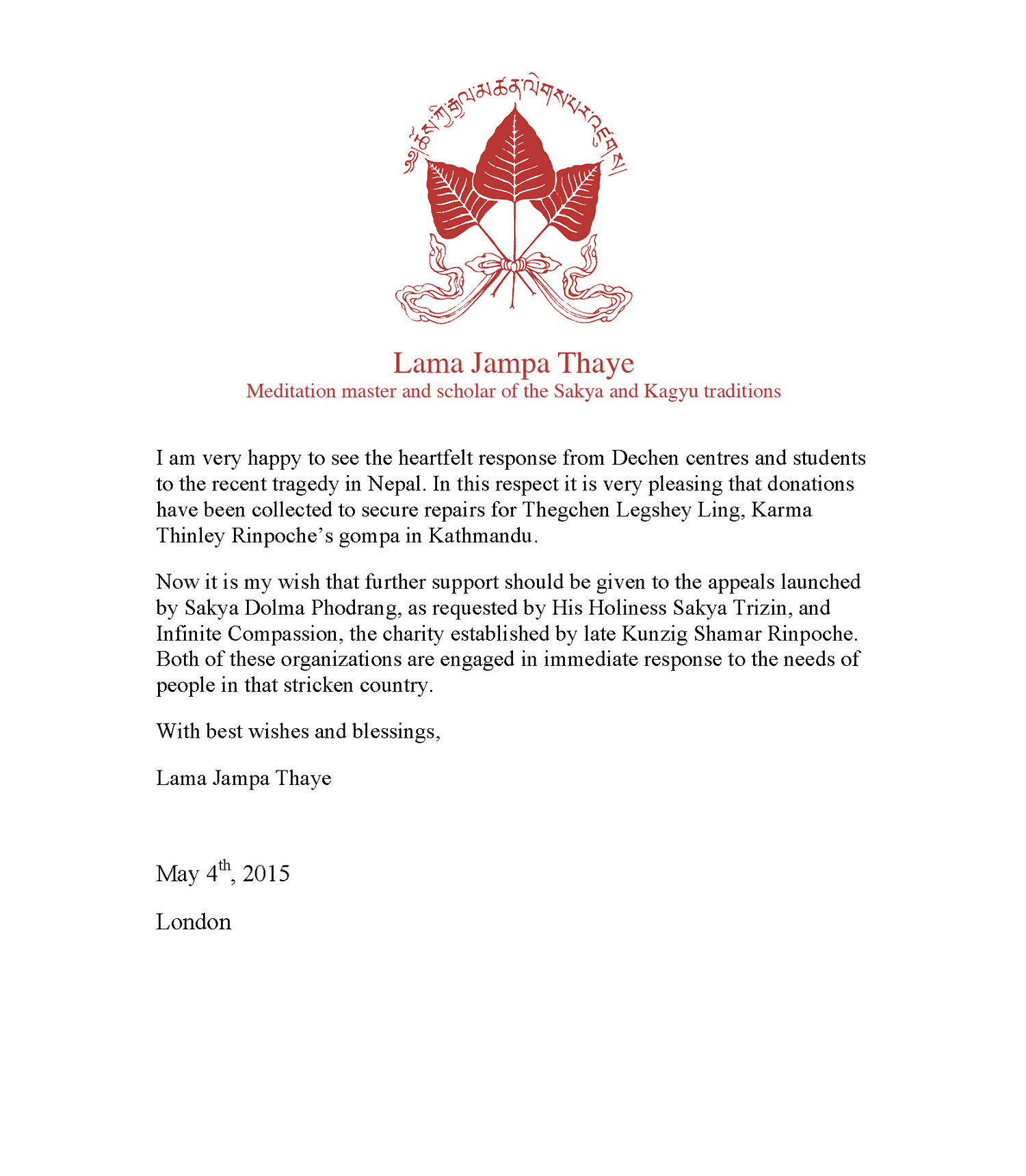A message from Lama Jampa concerning the response of Dechen centres and students to the recent tragedy in Nepal