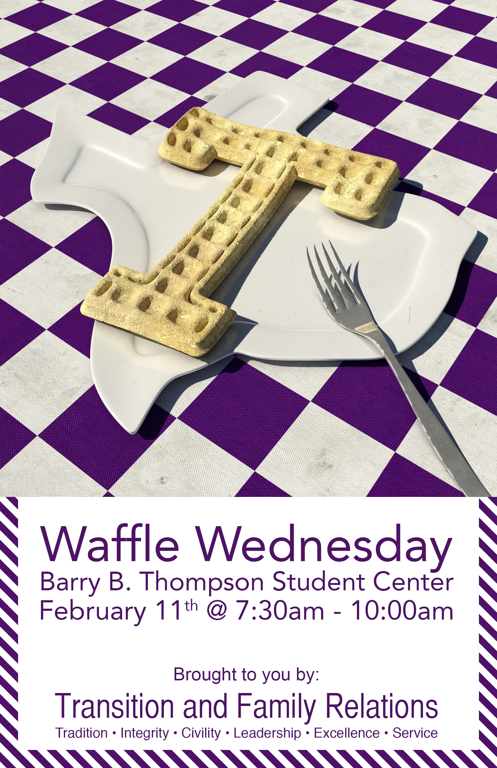 2015 Waffle Wednesday Poster — The first poster and one of my first projects ever at Student Publications. I made the waffle imagery with 3sd Max, a CG software package. The typography, unfortunately, was an afterthought of all the work I did for the rendering and thus is lacking a little design care.