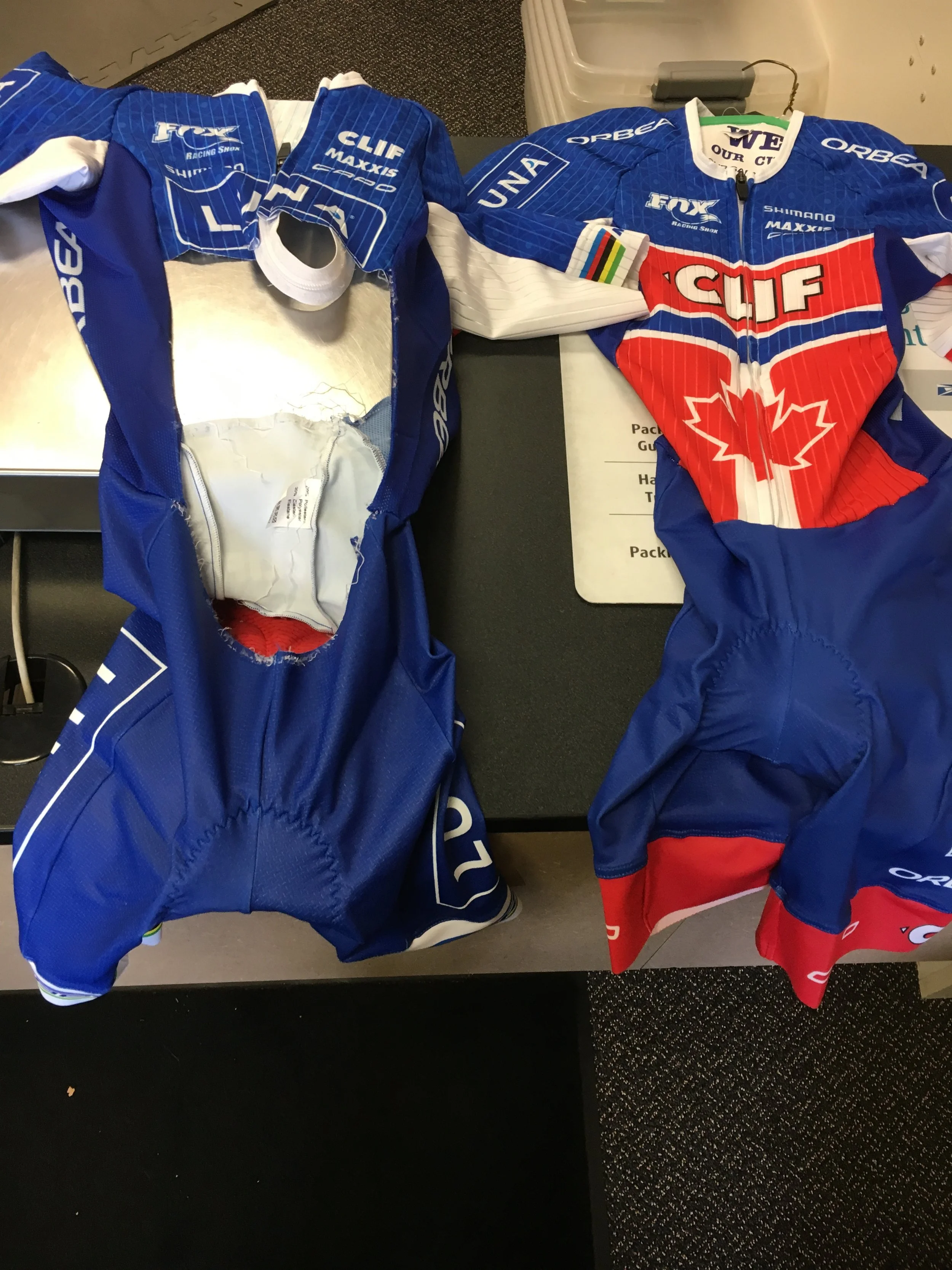 Waldek cut off the Maple Leaf off one of Catharine's LUNA skinsuit and sewed it on a new CLIF skinsuit with no rainbow stripes. What a dedicated man!! Thank you Waldek :) 