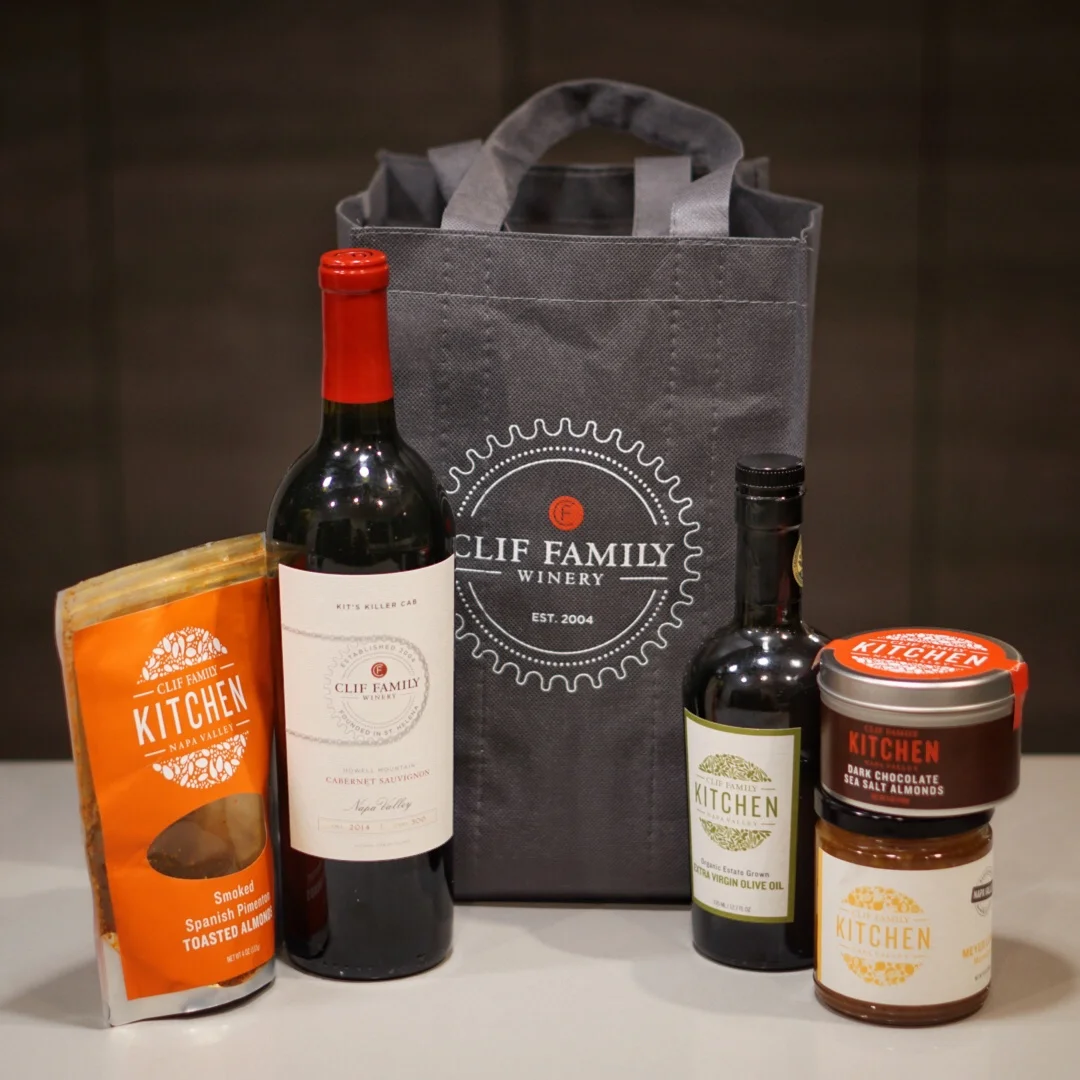 Pictured above: Smoked "Spanish Pimento" Almonds, "Kit's Killer Cab" Cabernet Wine, Olive Oil, Dark Chocolate Sea Salt Almonds, and Meyer Lemon Preserve. 