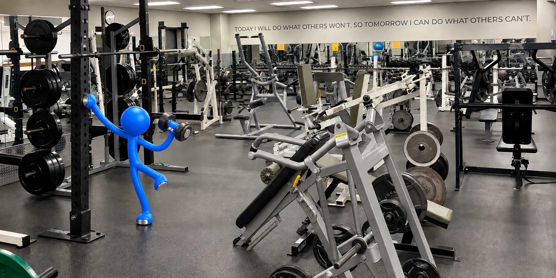 Empty gym with various exercise equipment and a blue cartoon figure lifting a dumbbell in the foreground.