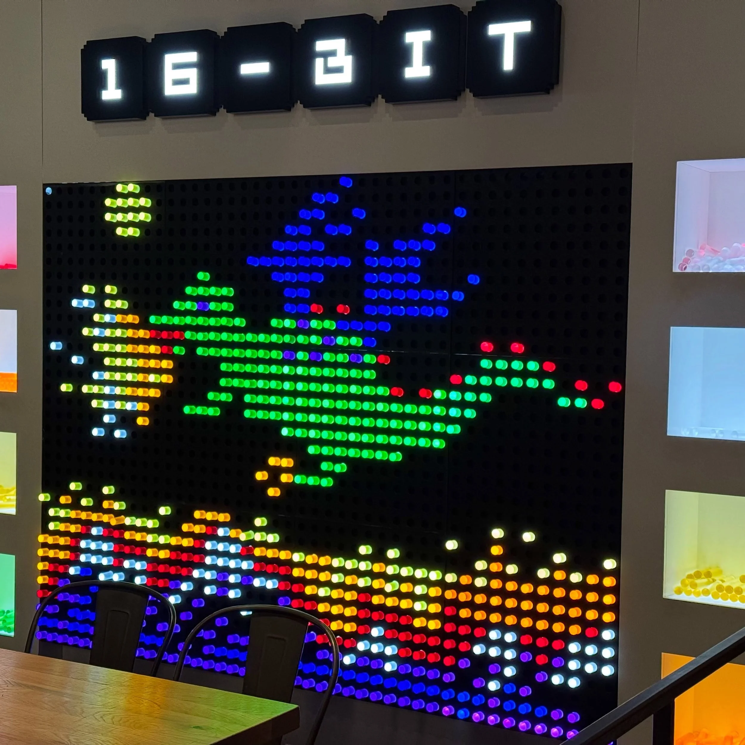 When no one&rsquo;s messing with the lite-brite wall at @16bitbar I sometimes can&rsquo;t help myself. Someone added the smiley face to the Zelda one before I could step back for a picture, but it&rsquo;s funnier because it kind of looks like Link&rs