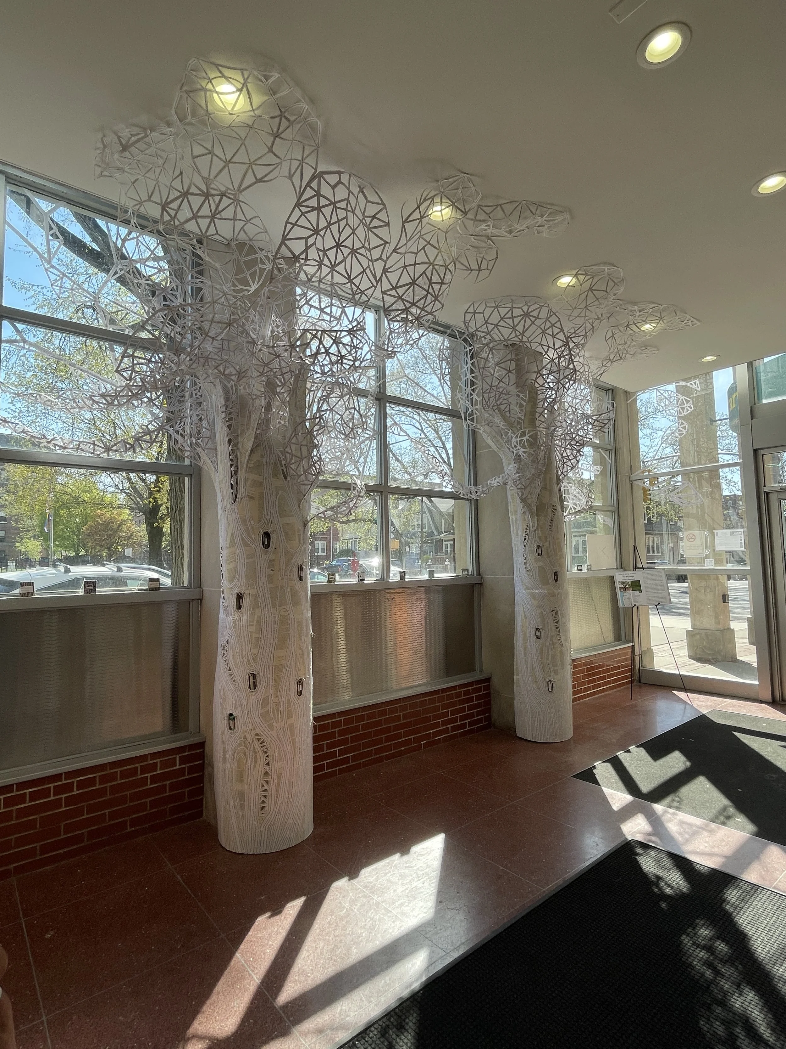 Lobby with two trees