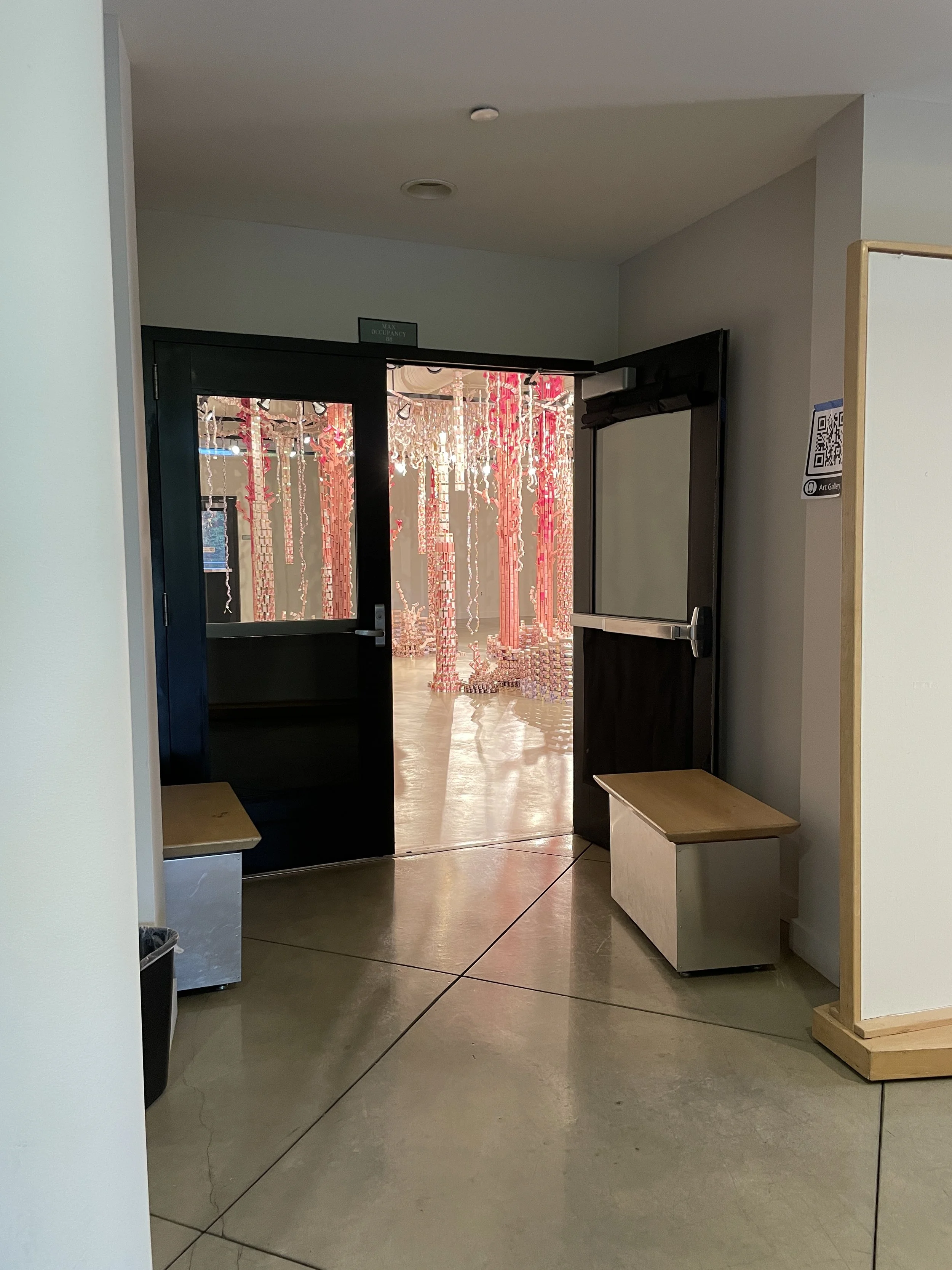 View from outside of gallery
“Overgrowth Industry” was created from abandoned boxes of packaging materials left behind in a warehouse after Benevolent Beauty Products closed its doors for good. Dodd writes, “Thousands of assorted boxes, lipstick tube