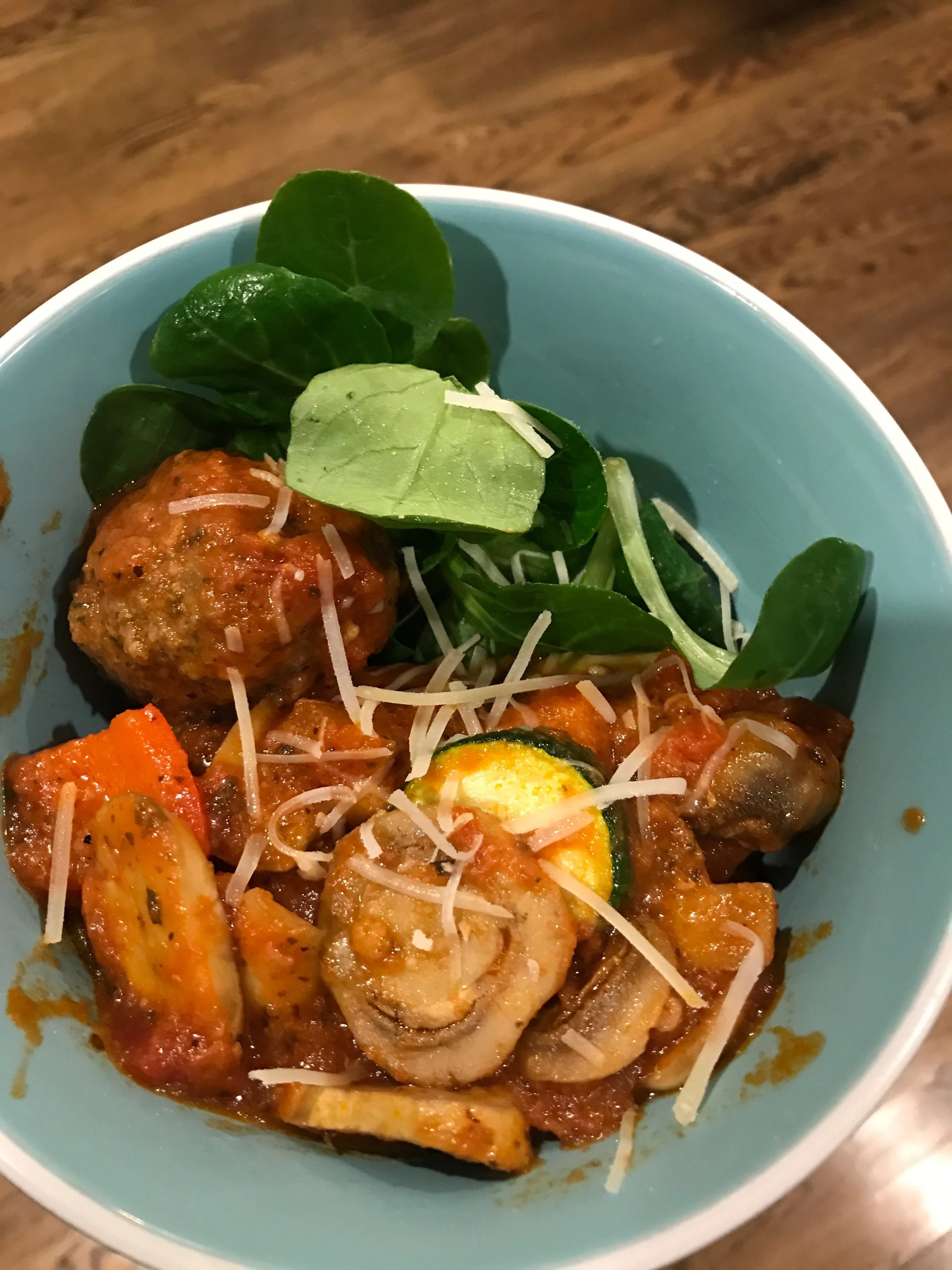 Meatballs! Lots of veggies, tomato sauce (from a jar!), and a sprinkle of parm. - I sauteed the mushrooms fresh with the meatballs.