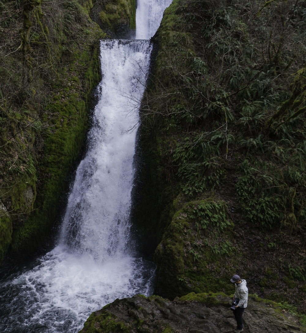 Person standing near a waterfall surrounded by moss-covered rocks and greenery.