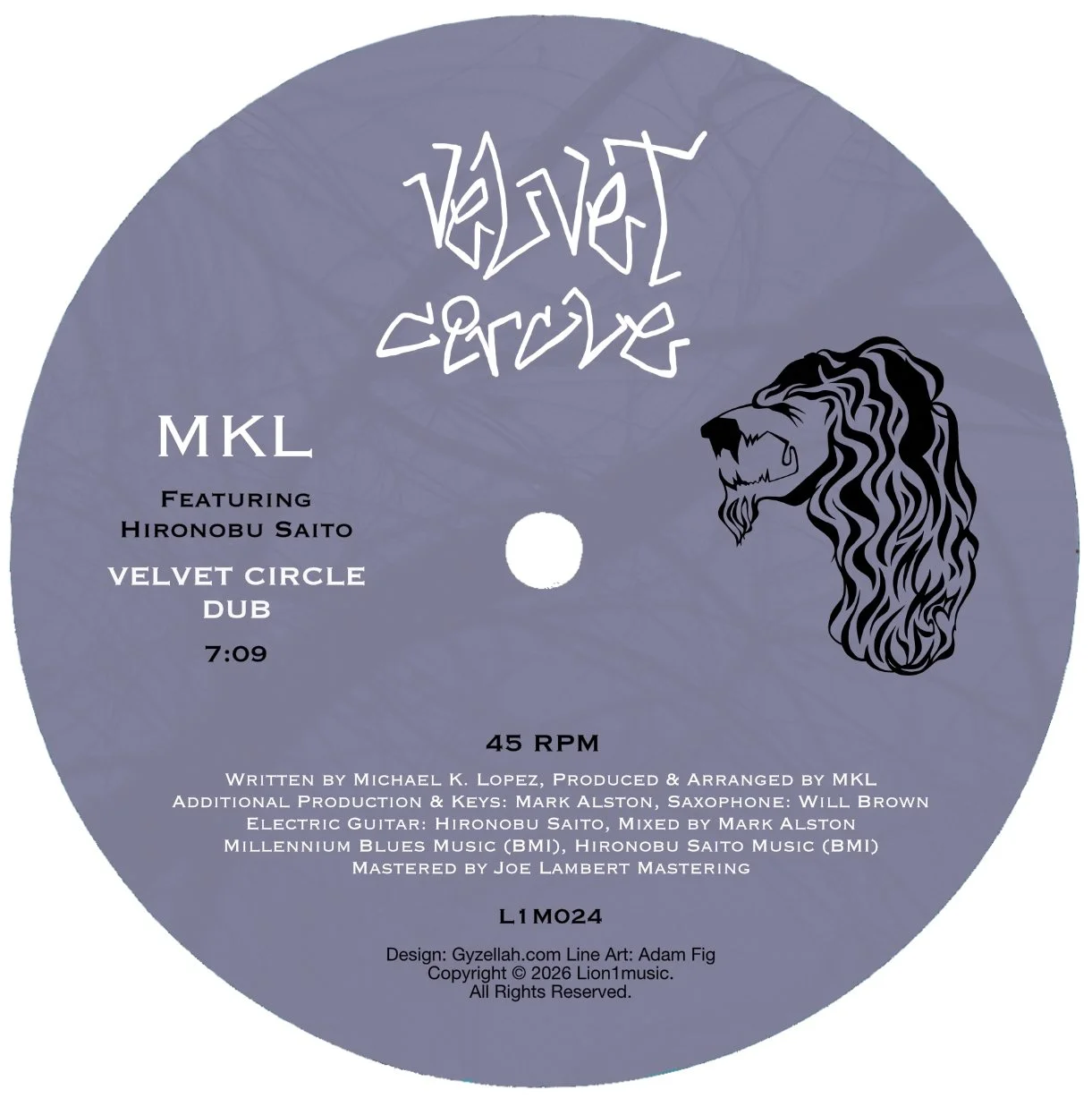 A music vinyl record with a purple label featuring a stylized lion illustration. The label displays the title 'Velvet Forest' by MKL, featuring Hironobu Saito, with track 'Velvet Circle Dub' duration 7:09, and a note about production credits and design.