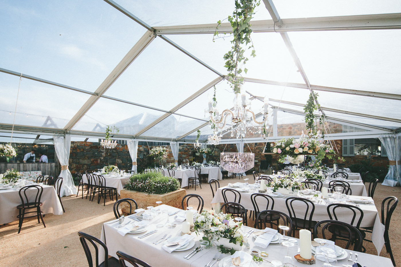  Clear marquee with Chandeliers, Bentwood chairs 