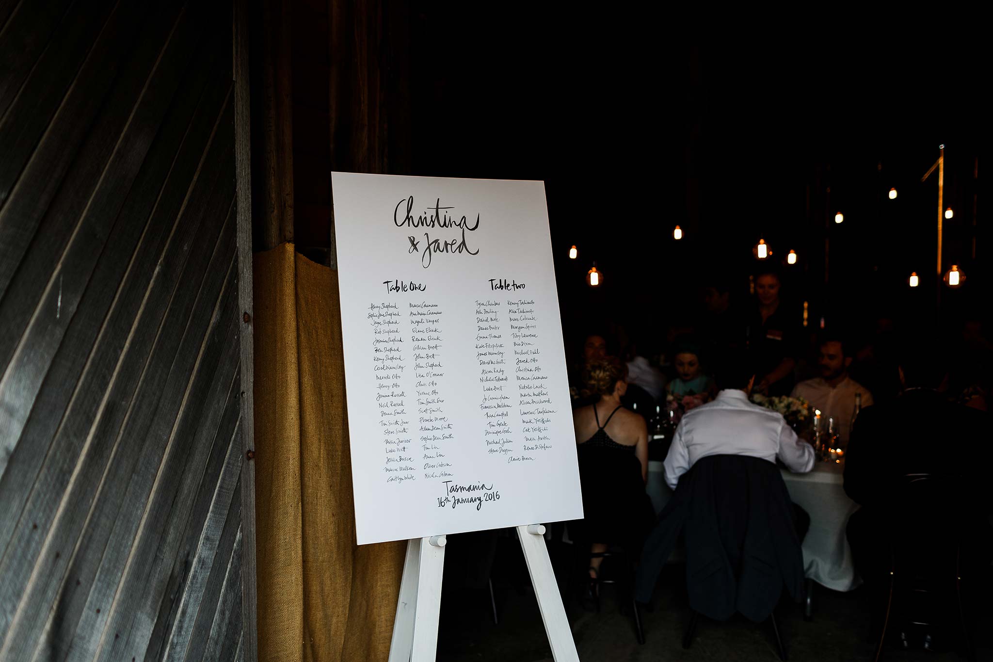  Hand written guest seating plan at the entry to the barn 