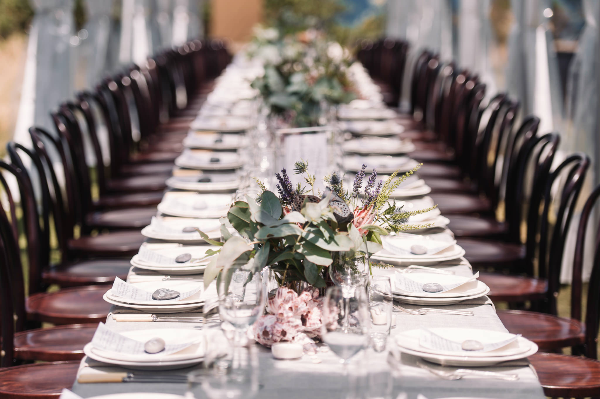  Long table set at Avalon Coastal retreat under a clear marquee 