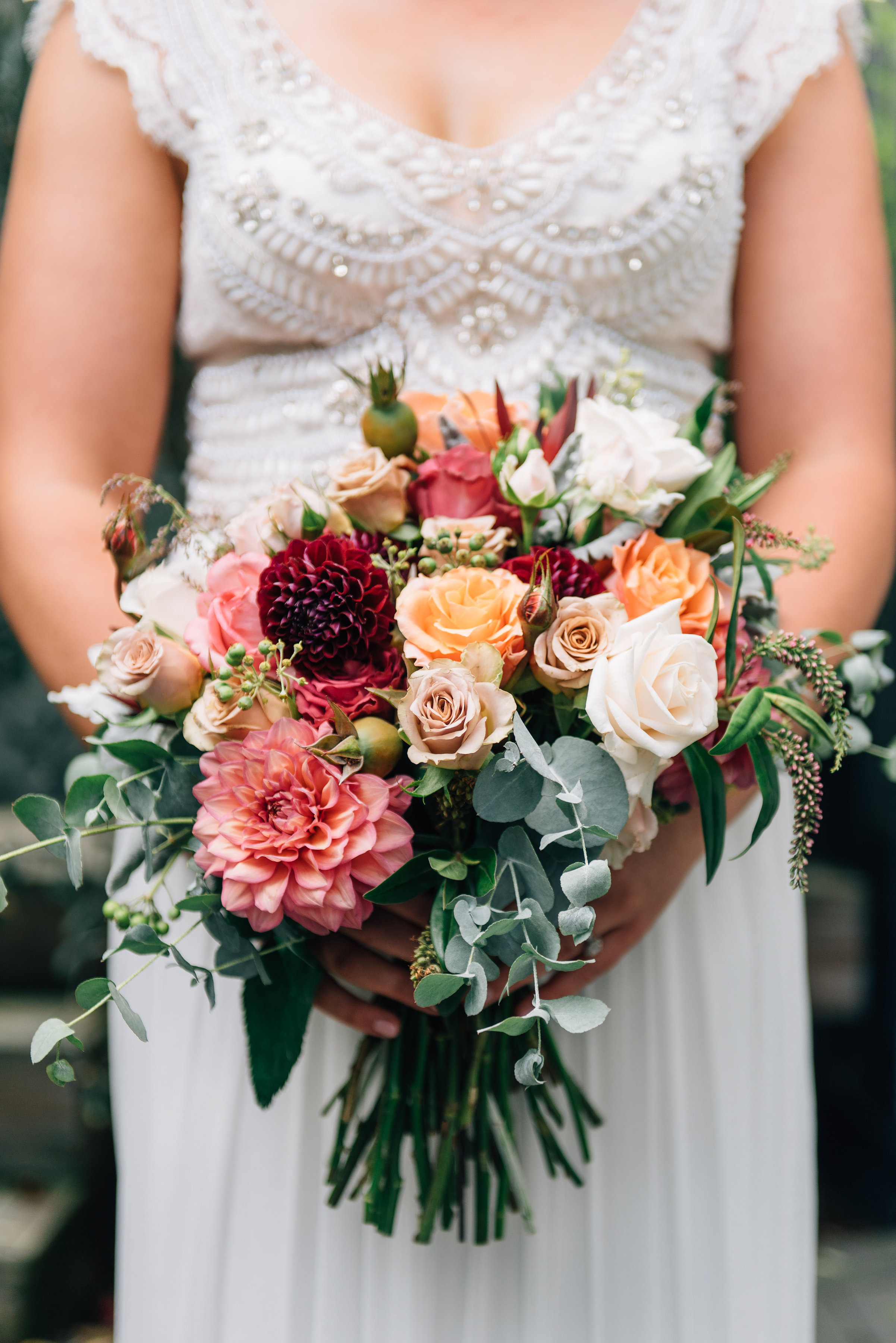  Bride in Anna Campbell gown and bouquet by Bek Burrows 