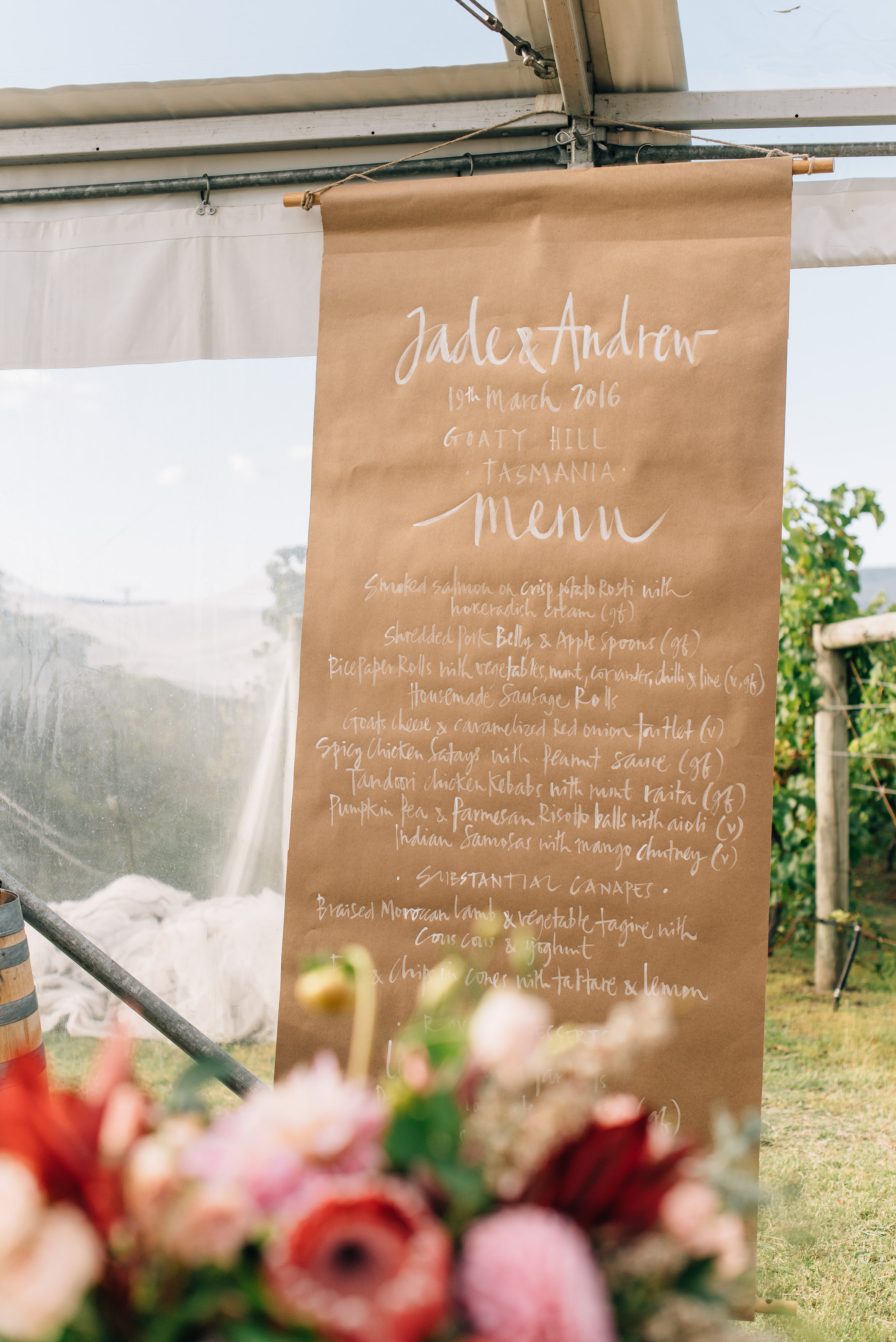  Hand written menu for the wedding reception at Goaty Hill 